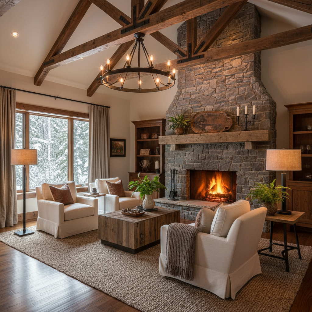 Rustic living room with wooden beams, warm lighting, and a cozy fireplace.