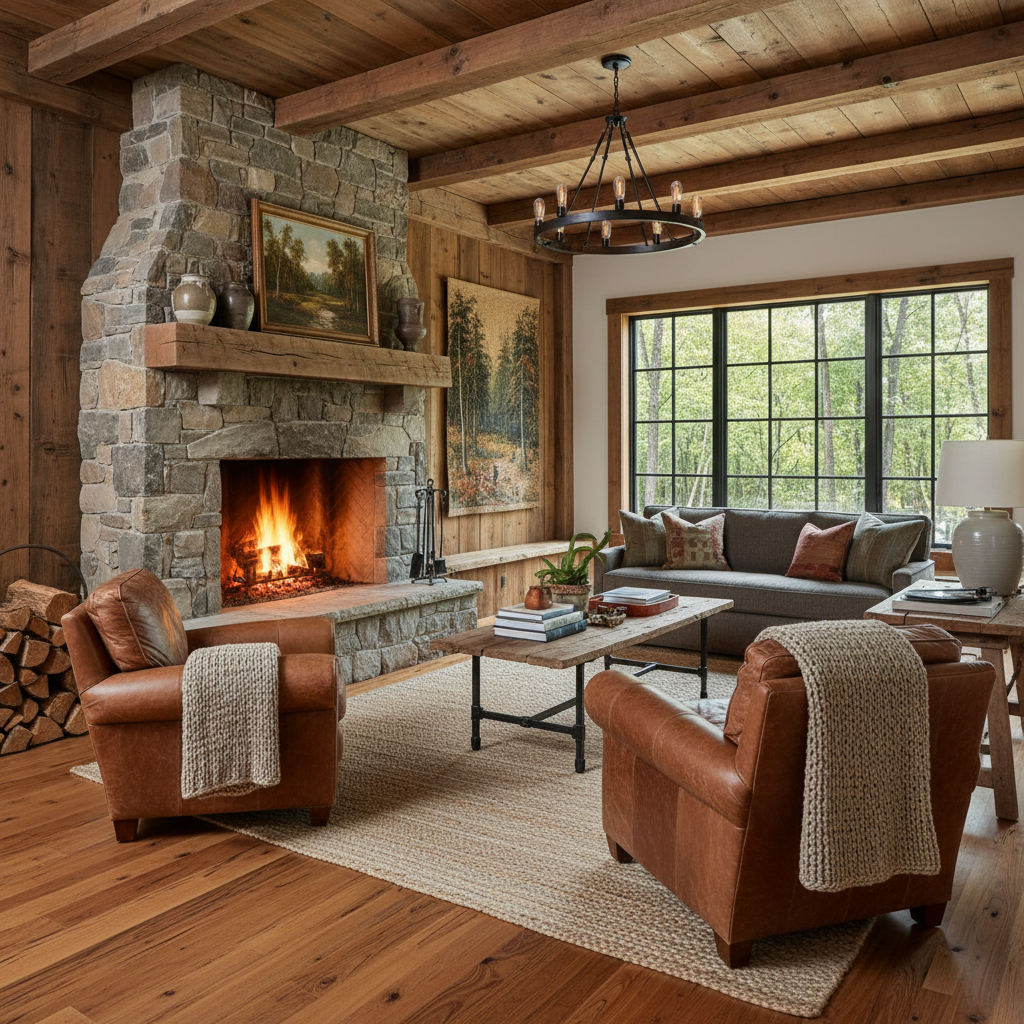 AI-generated interior design prompt for a rustic living room.