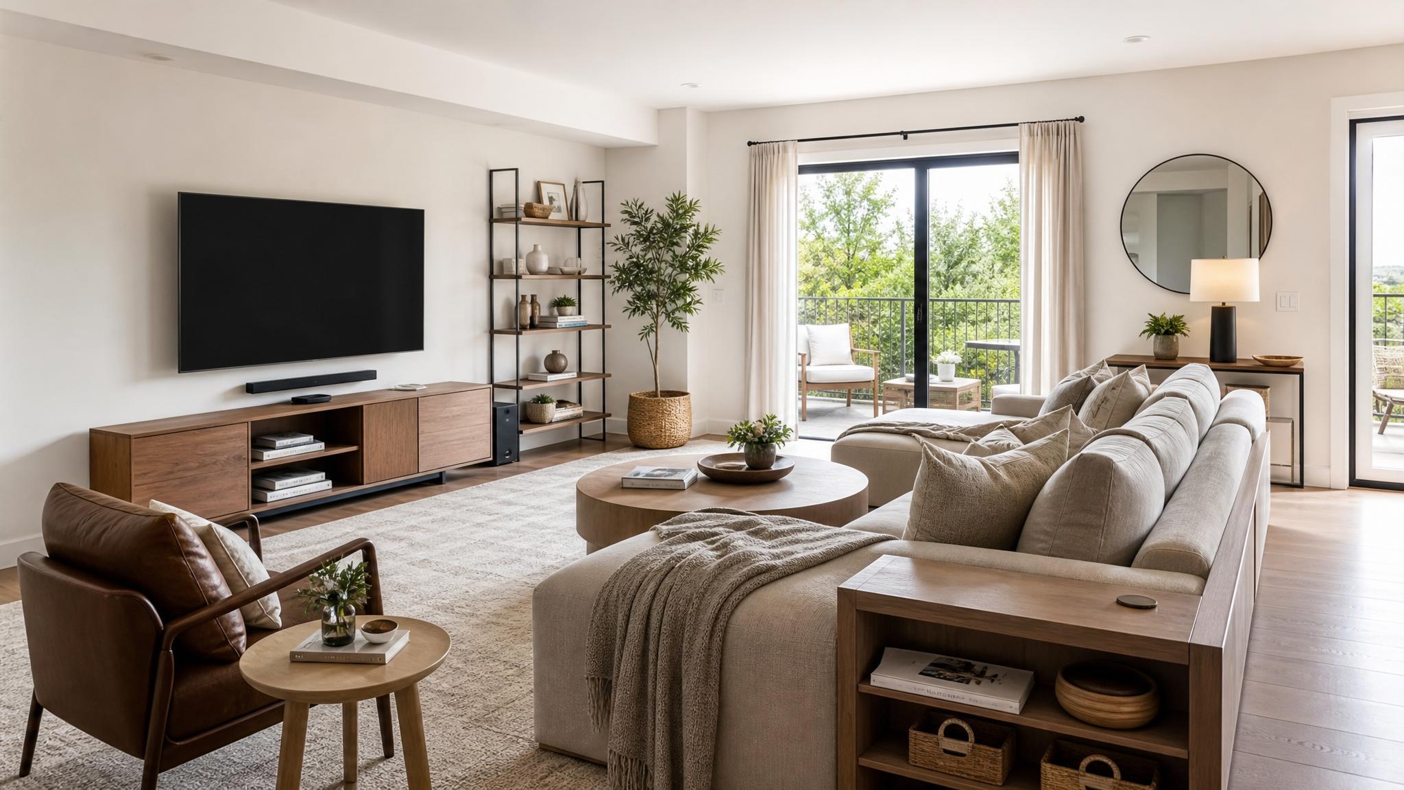 Living room layout with multi-functional furniture
