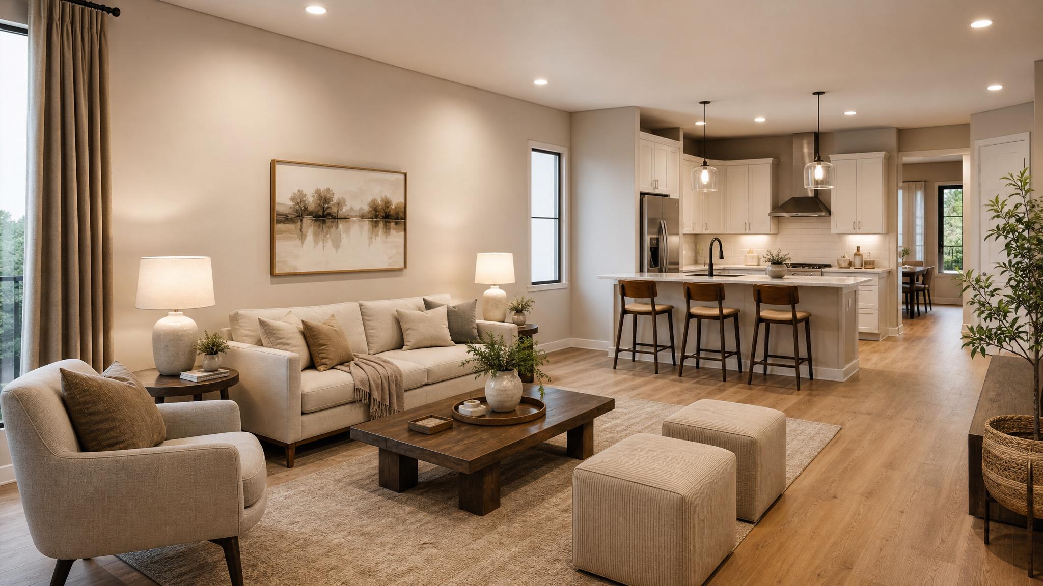 A beautifully staged warm minimalist open-plan living room with soft colors and comfortable furniture.