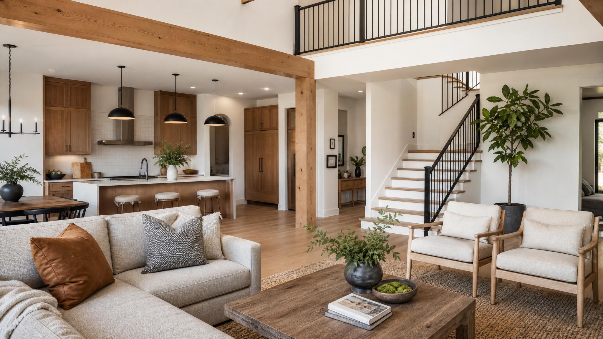 Earthy color palette showcased in an open-plan living room setup.