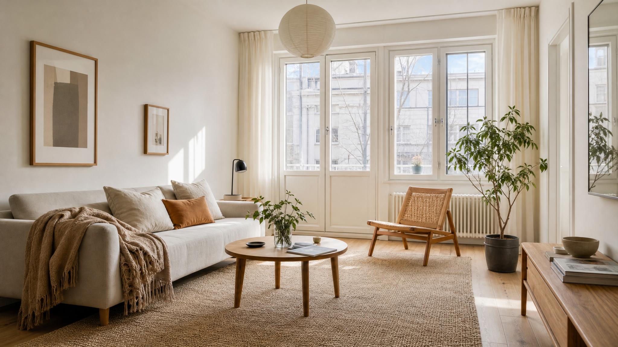 Scandinavian small living room with minimalist furniture and natural light