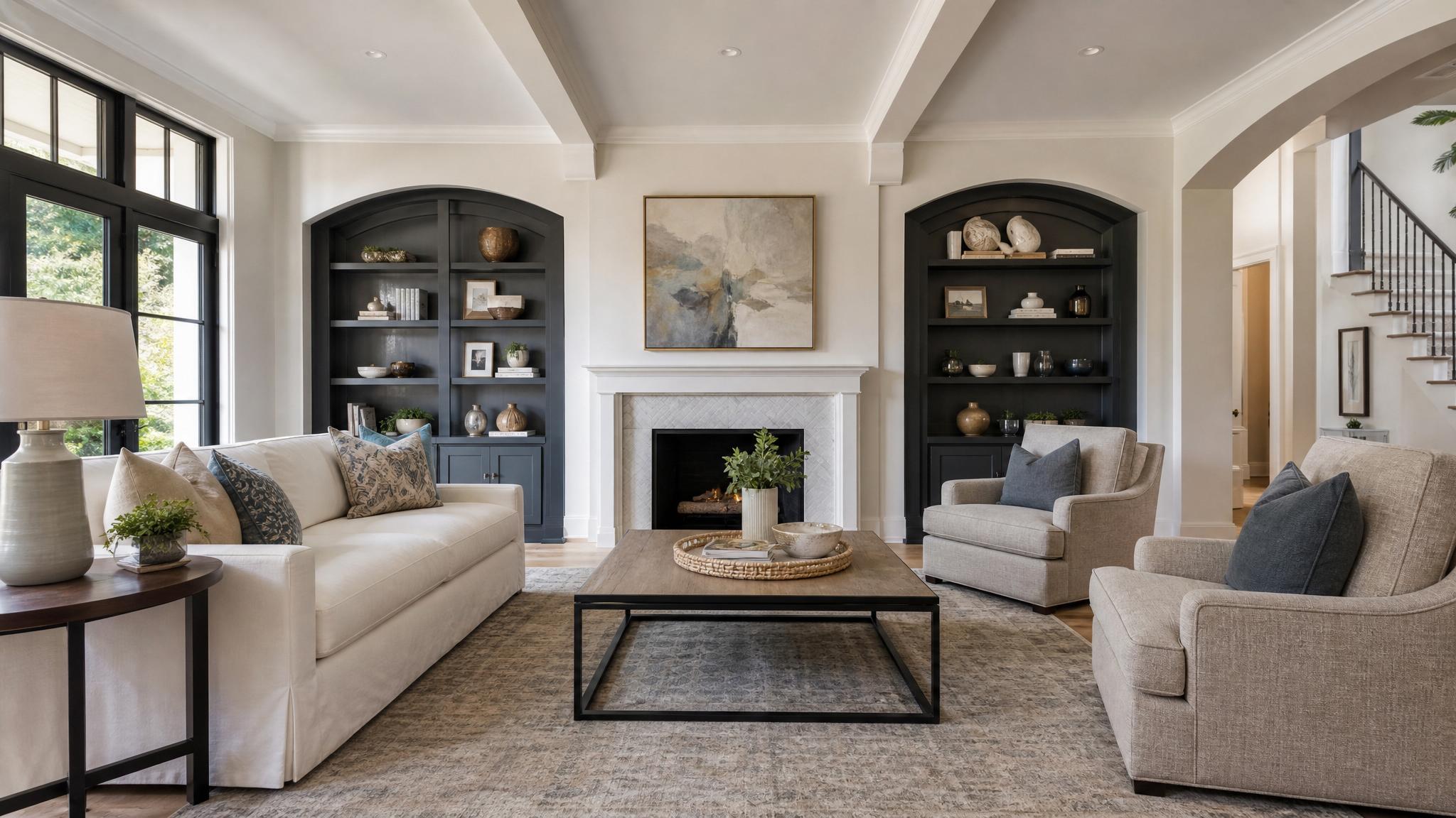 A beautifully designed transitional living room showcasing a mix of traditional and modern elements.