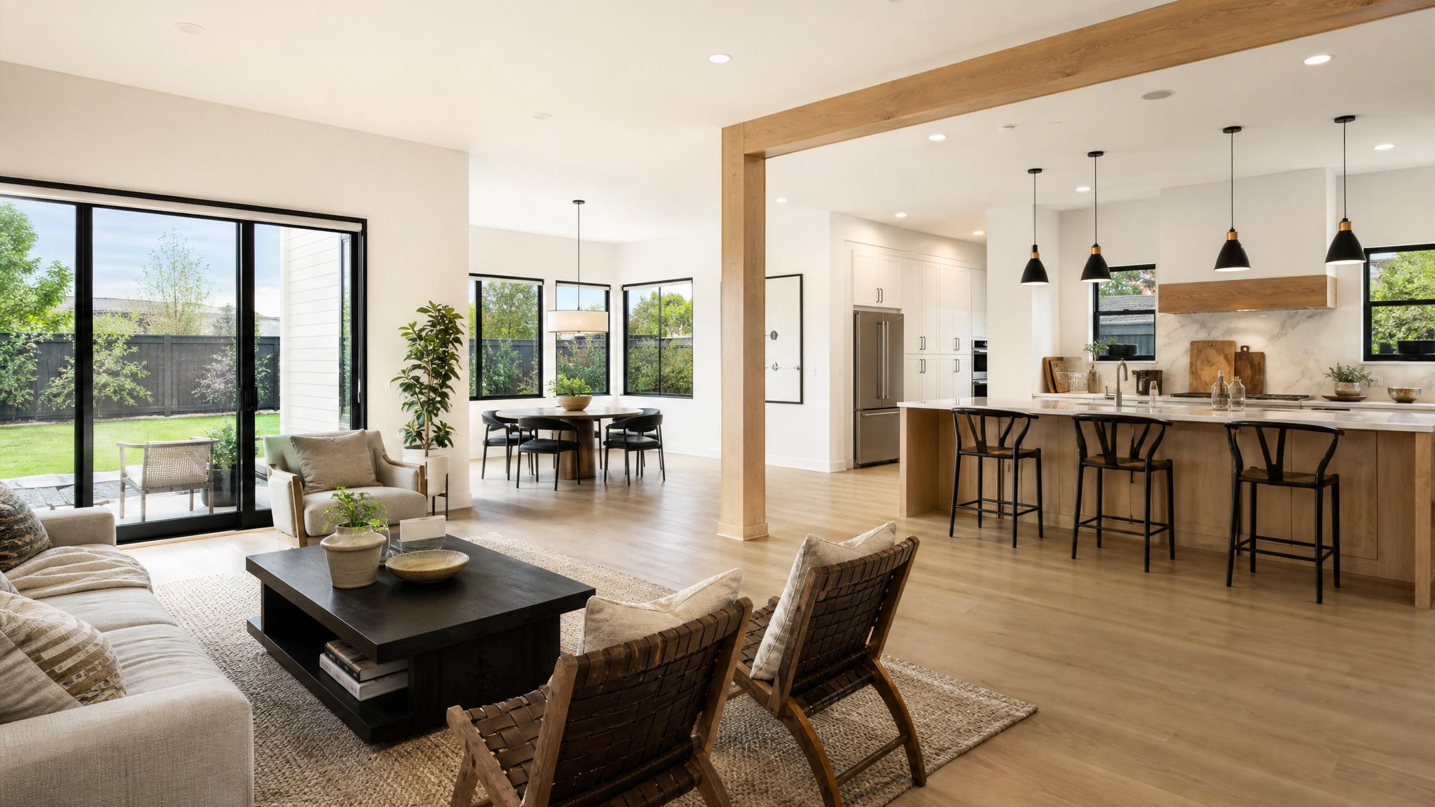 An open-plan living space featuring ample natural light and interconnected areas.