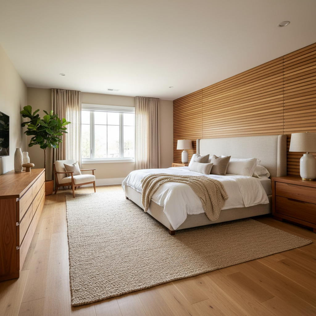 Image of a master bedroom with a neutral color palette featuring beige walls and warm wood accents.