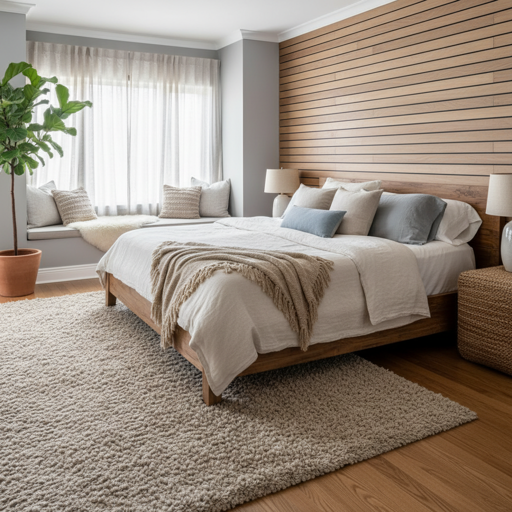 Image of a master bedroom featuring various textures, including linen bedding and a plush rug.