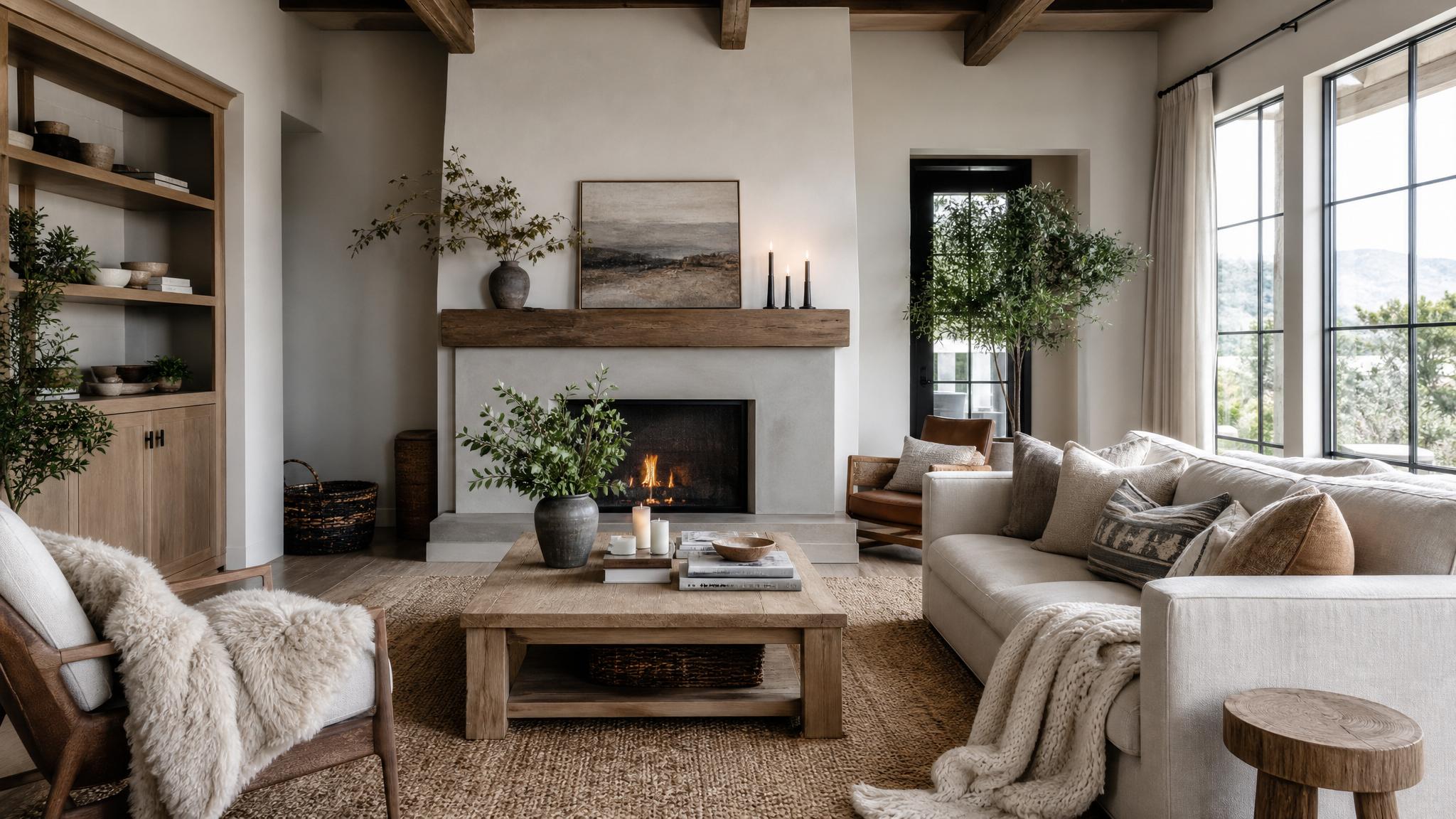 Cozy Scandinavian living room with layered textiles and neutral colors.