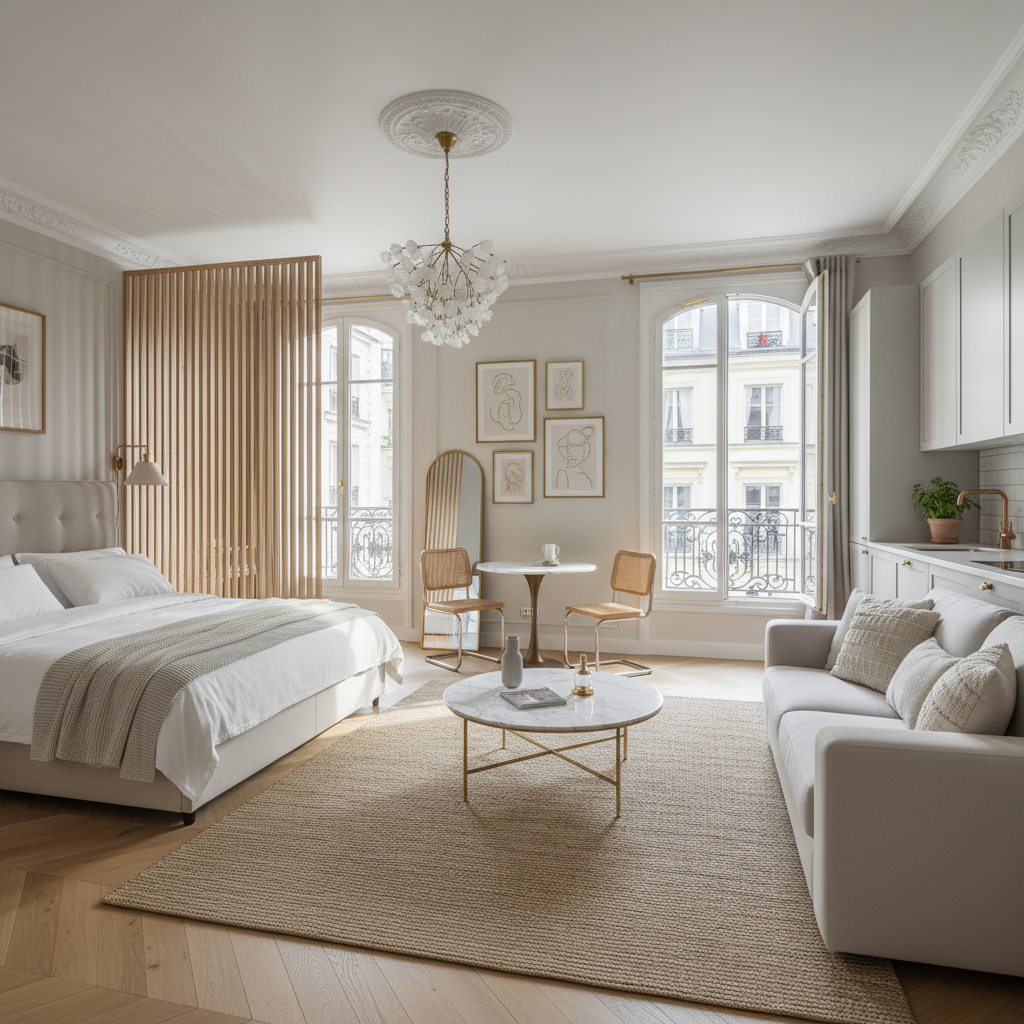 A stylish Parisian studio featuring light colors and elegant furnishings.