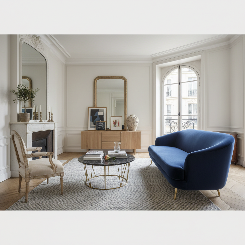 A selection of furniture that embodies Parisian style - mix of vintage and modern.