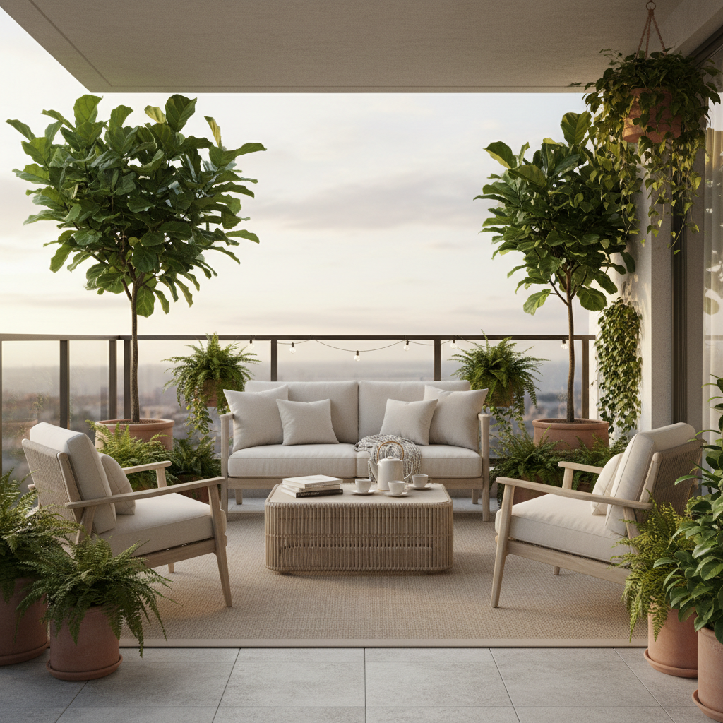 A serene balcony decorated with neutral-toned furniture and lush greenery, showcasing quiet luxury.