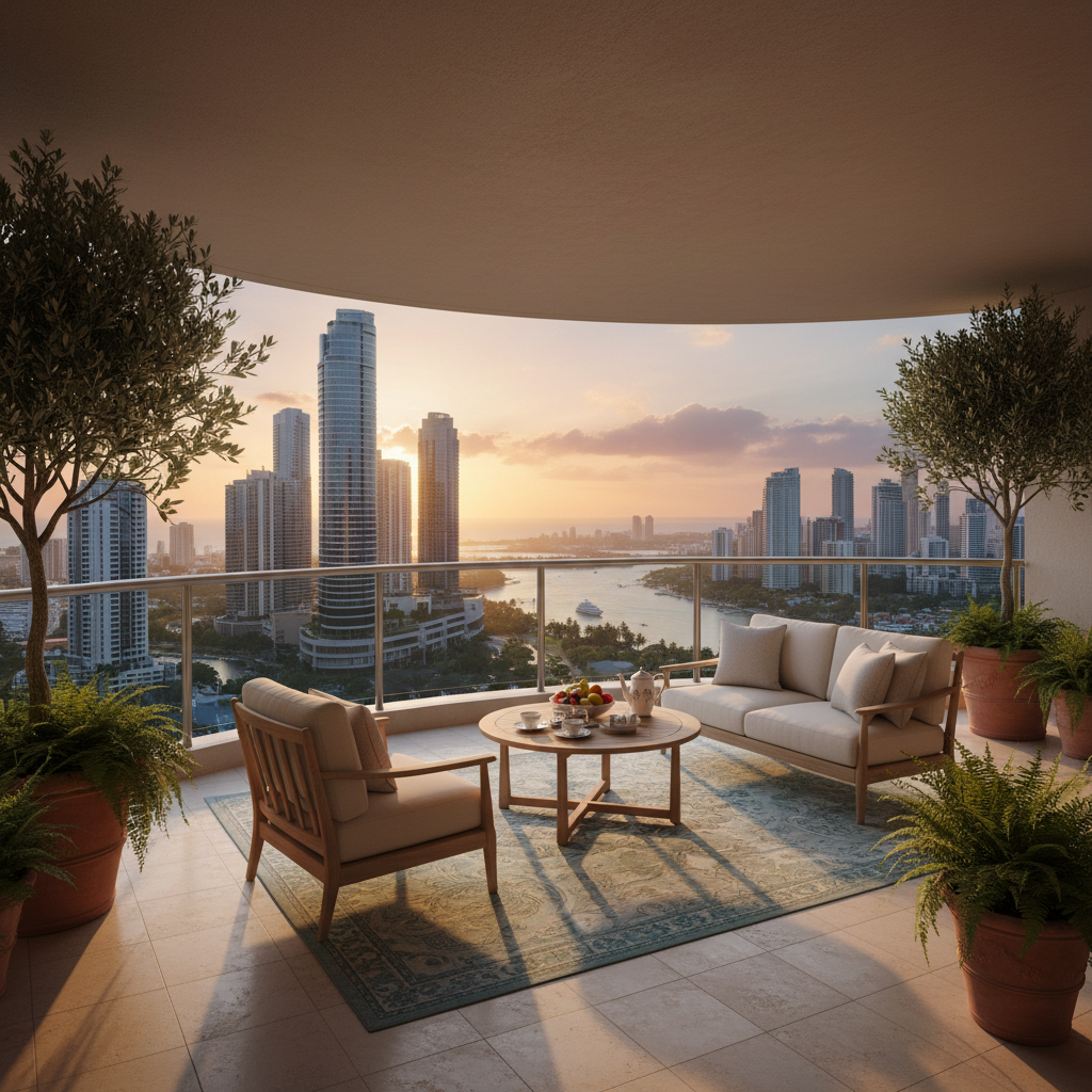 A stunning view from a luxury balcony adorned with elegant furniture and greenery.