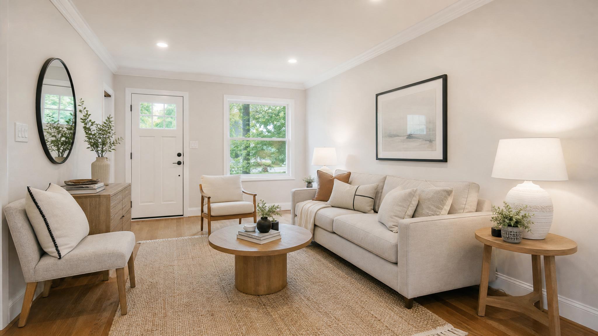 A cozy small living room staged with minimal furniture, featuring light colors and strategic lighting.