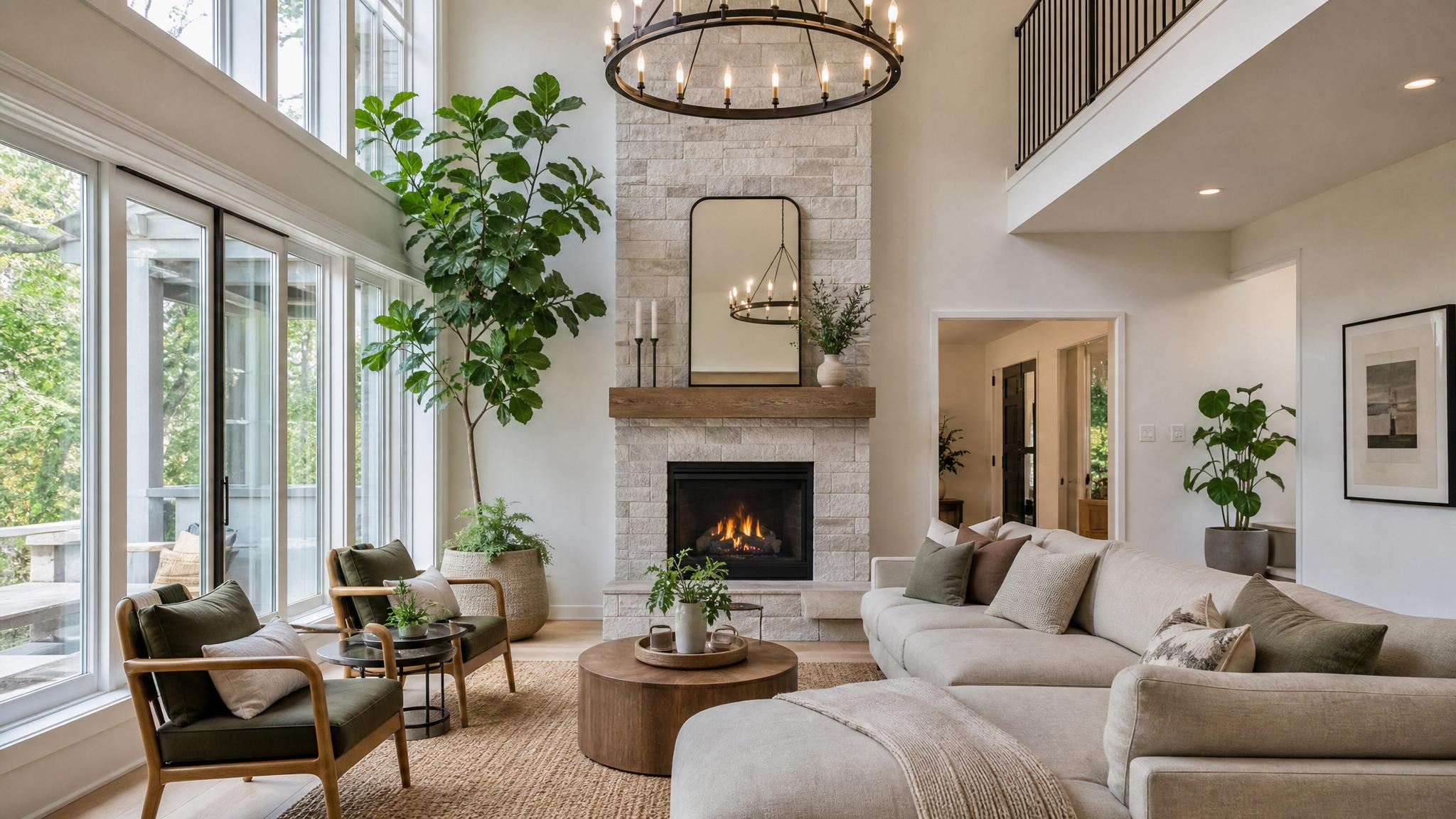 A well-lit small living room showcasing vertical space, greenery, and a focal point.