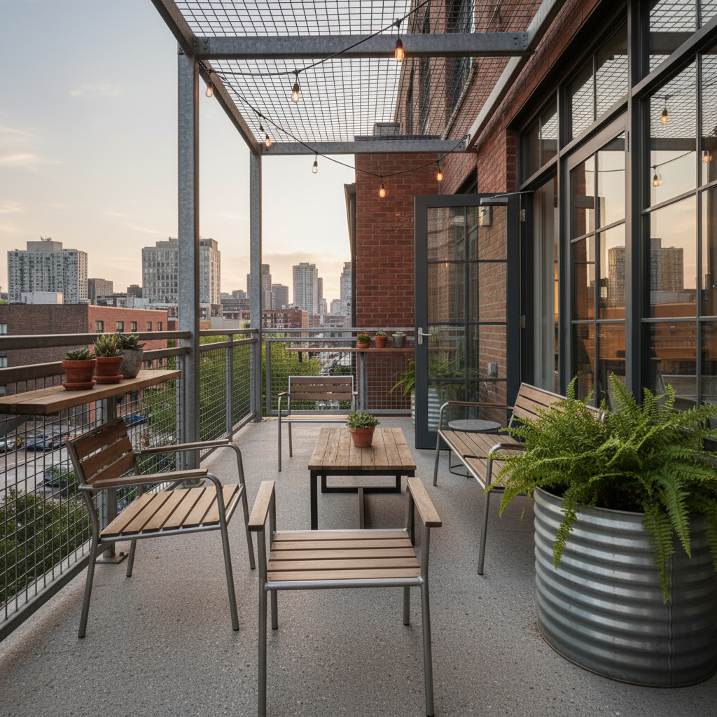 Image of an industrial-style balcony with metal furniture and wooden accents.