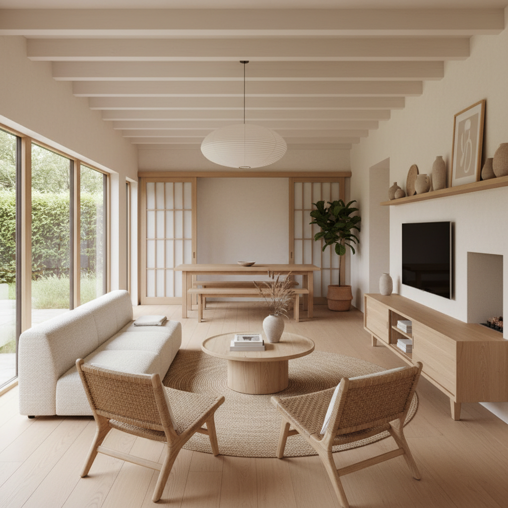 A beautifully staged Japandi open-plan living room showcasing minimalist furniture and natural materials.