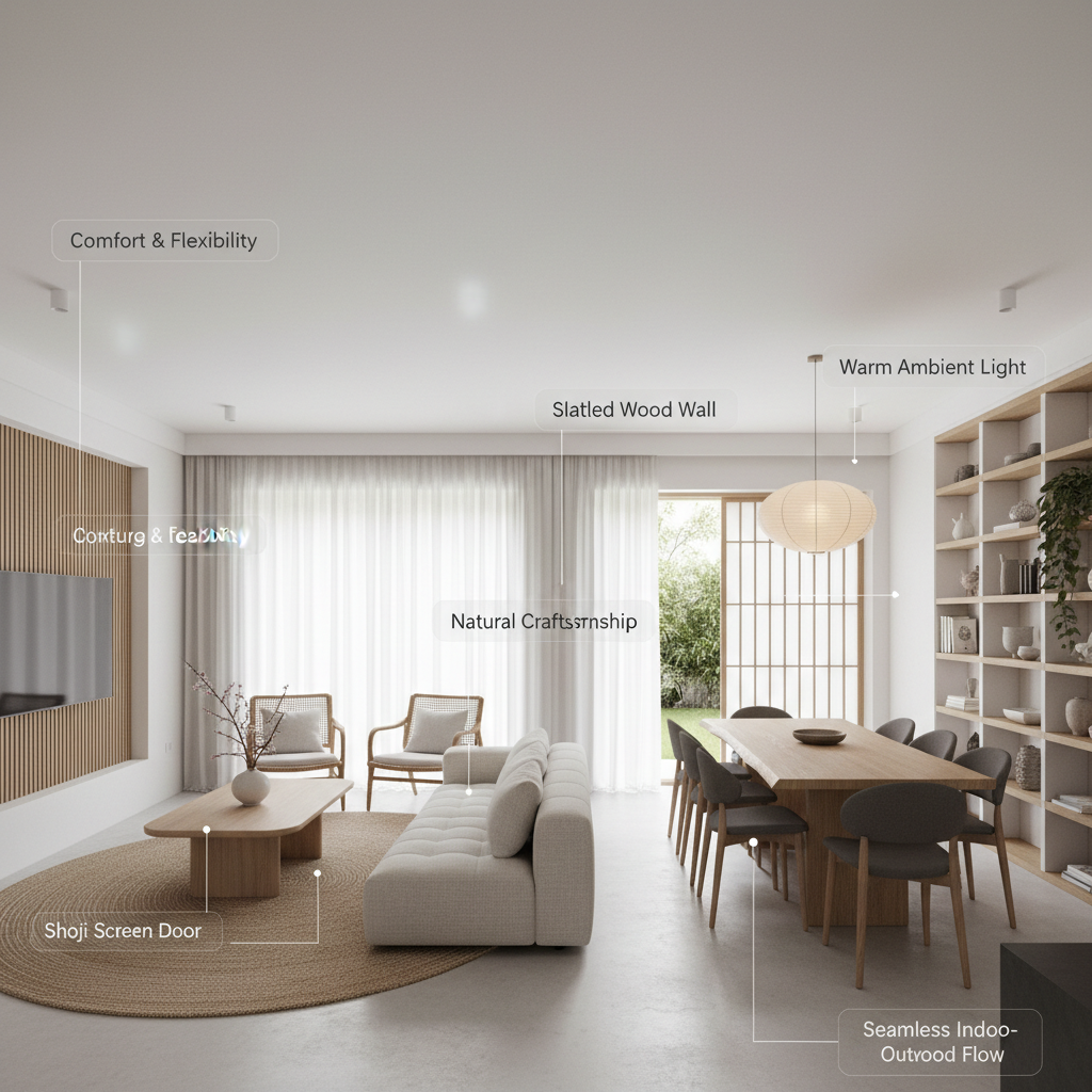 A sample AI-generated layout of a Japandi-inspired open-plan living room with specific elements highlighted.