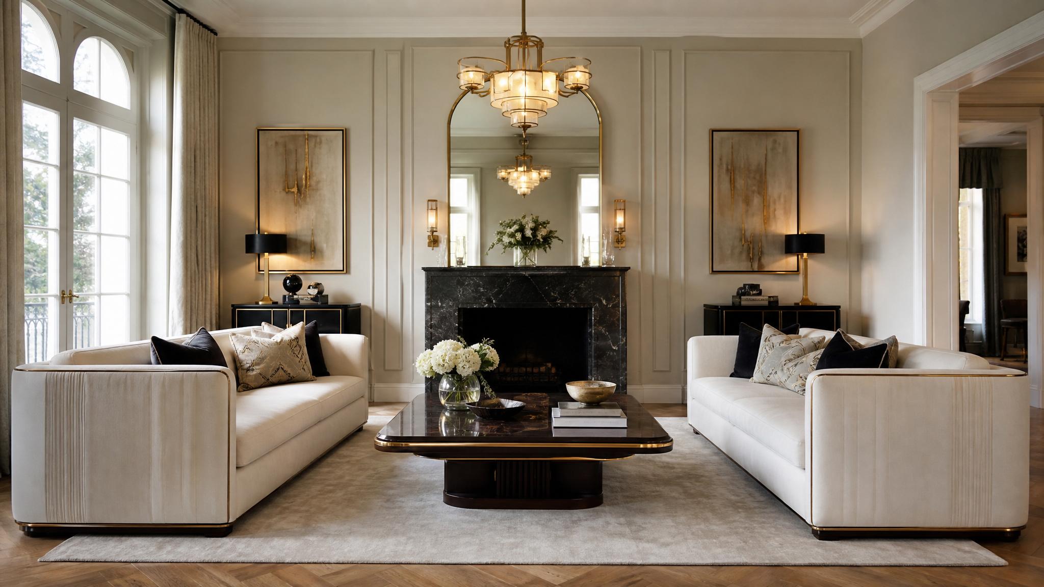 Example of a symmetrical Art Deco living room layout with two sofas and a coffee table.