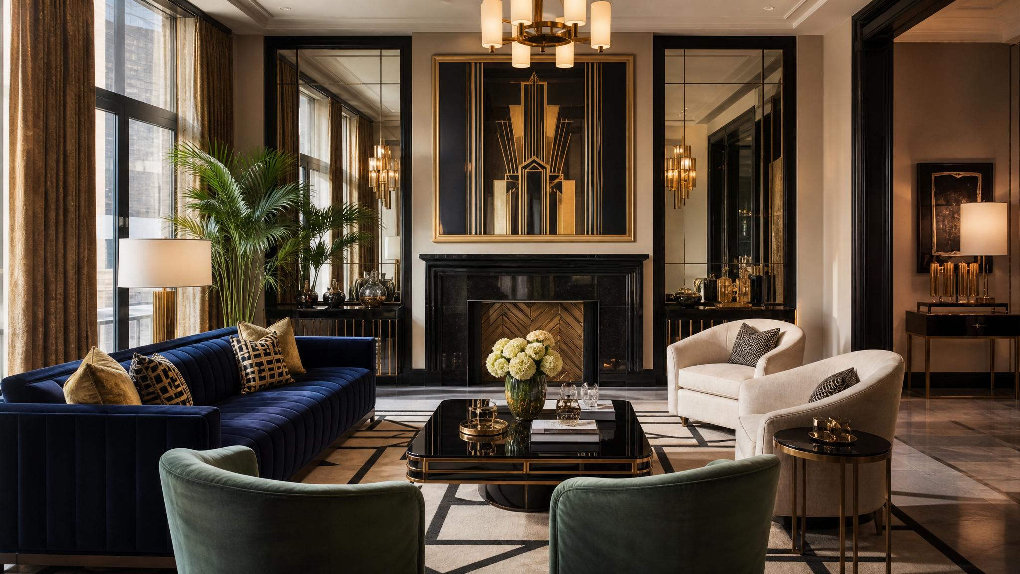 Art Deco inspired living room with rich colors and geometric patterns.