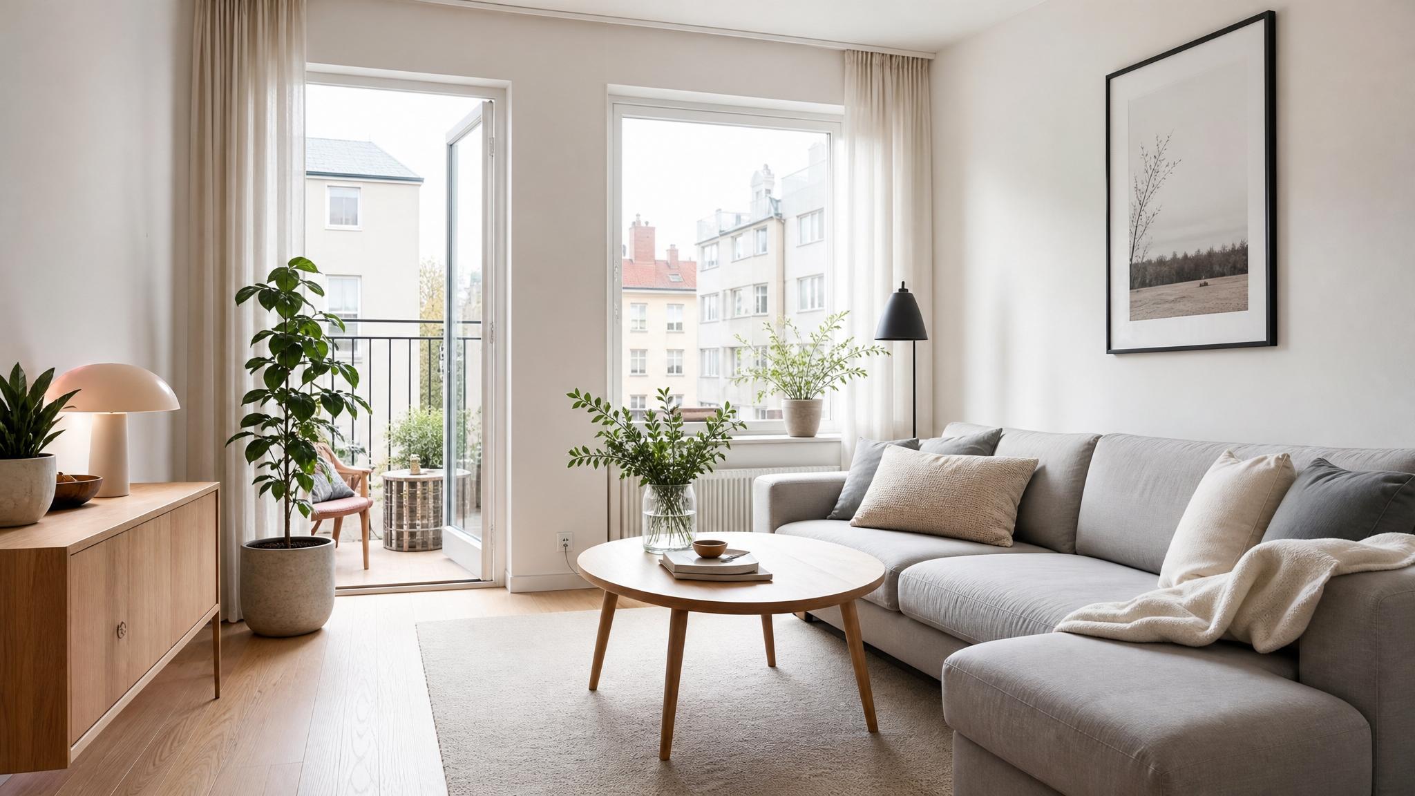 Examples of Nordic design in small living rooms, showcasing minimalist furniture and light color palettes.