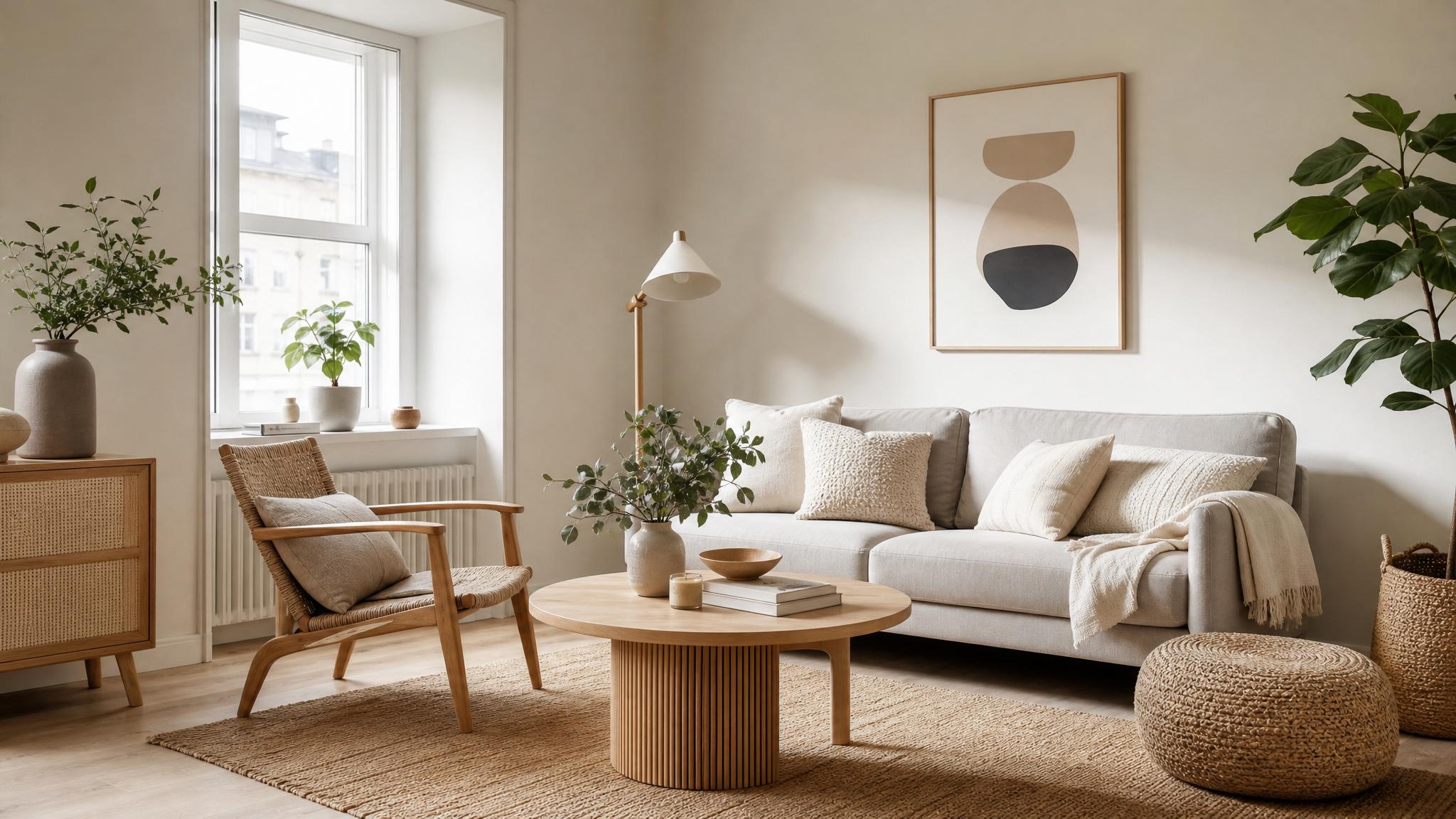 Color palette ideas for Nordic small living rooms, showcasing light colors and natural textures.
