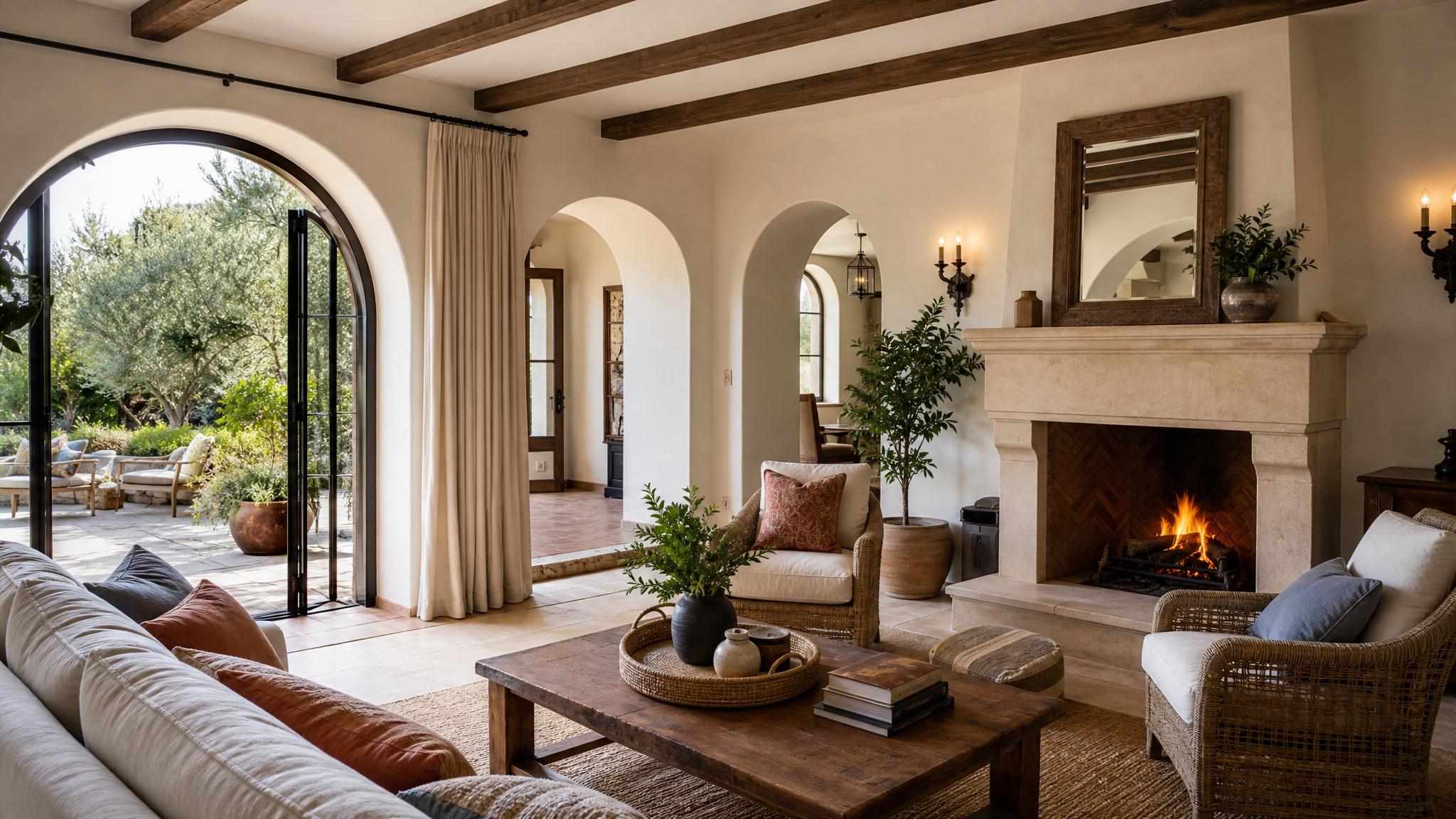 A beautifully staged Mediterranean living room with warm colors and cozy decor.