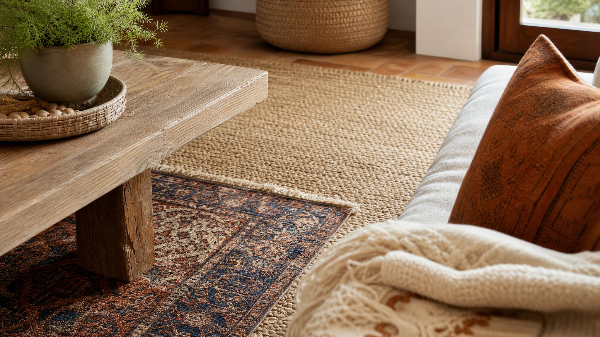 Close-up of warm textiles and layered rugs in a Mediterranean living room.