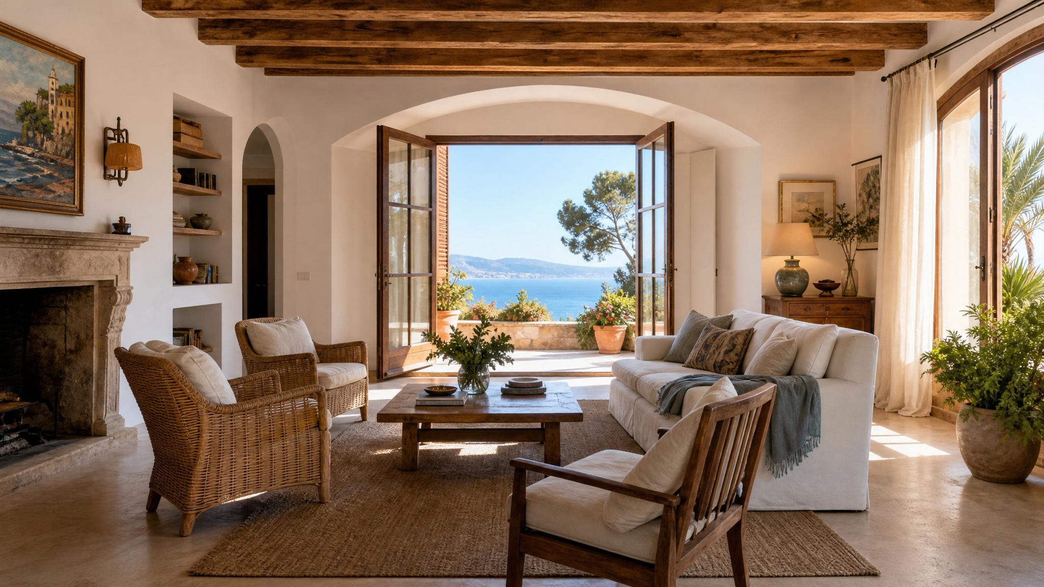 A cozy, functional layout in a Mediterranean living room showcasing decor and furniture.