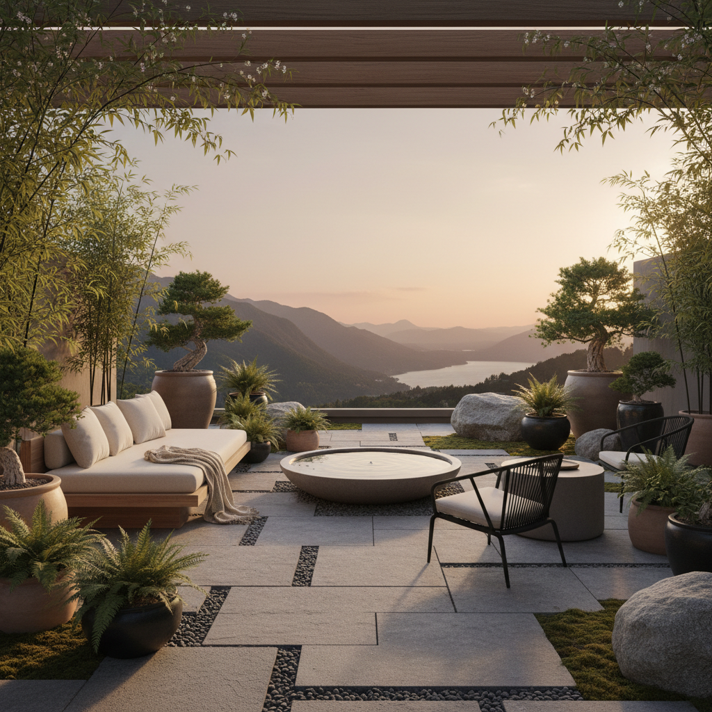 A beautifully designed zen terrace featuring natural elements, greenery, and minimalist furniture.