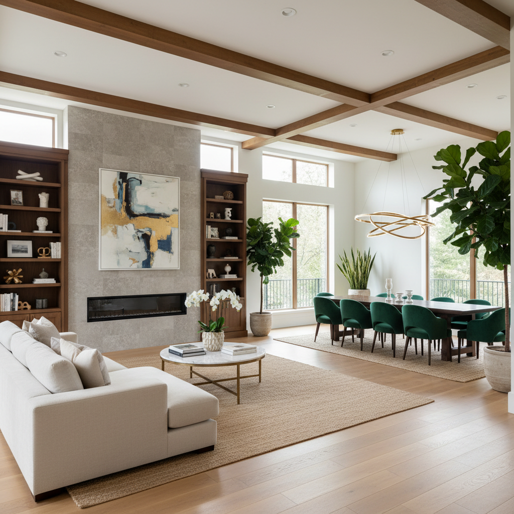 An elegant open-plan living room showcasing a variety of design elements.
