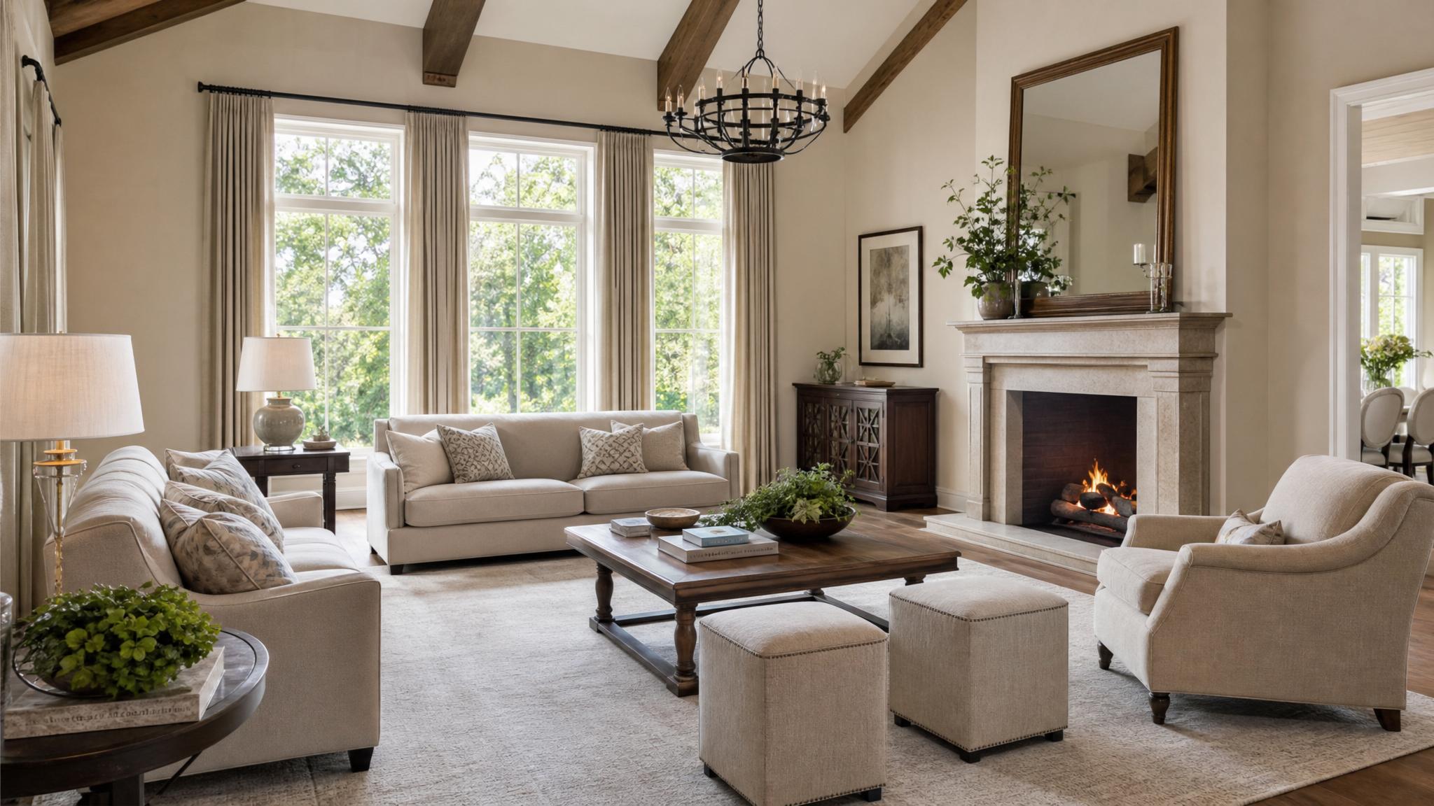 Image of a beautifully designed traditional living room with a neutral color palette
