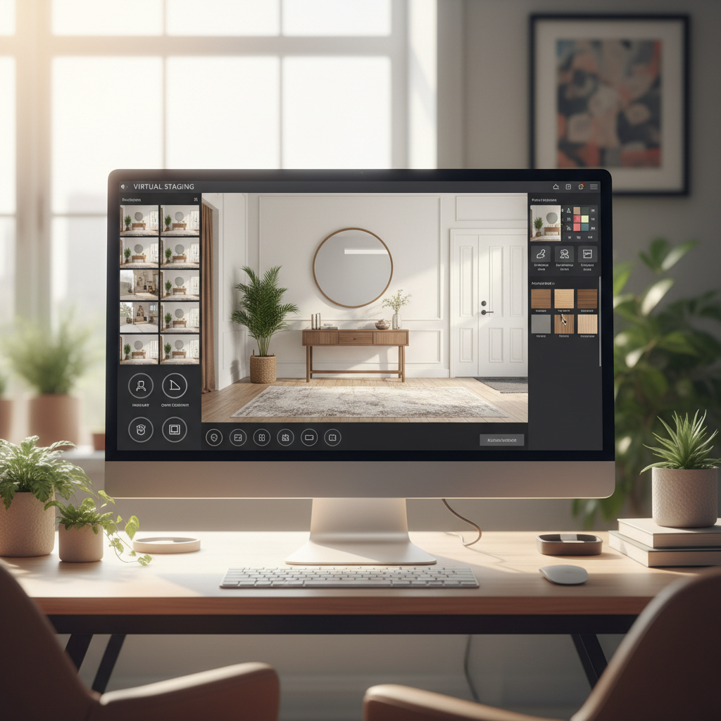 A virtual staging software interface showcasing various entryway designs and layout options.
