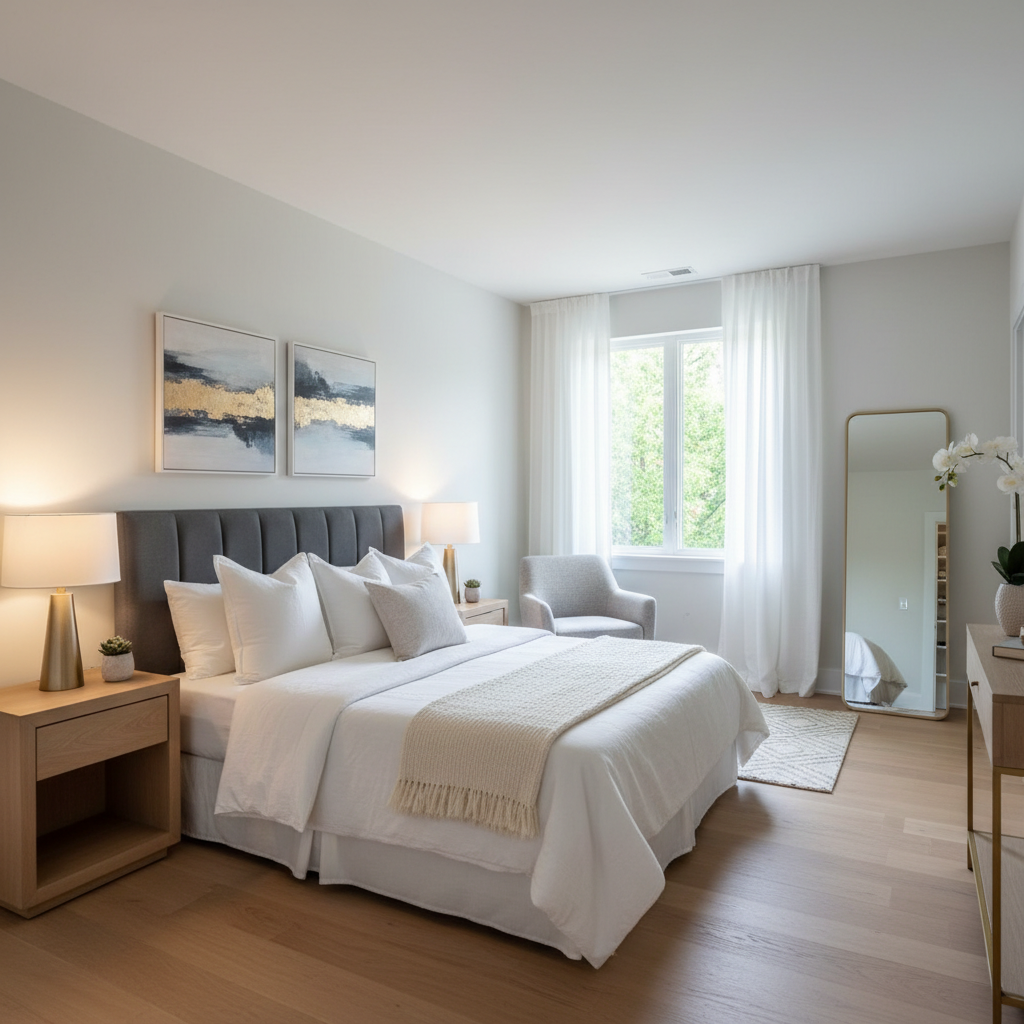 A decluttered and elegantly staged bedroom ready for photography.