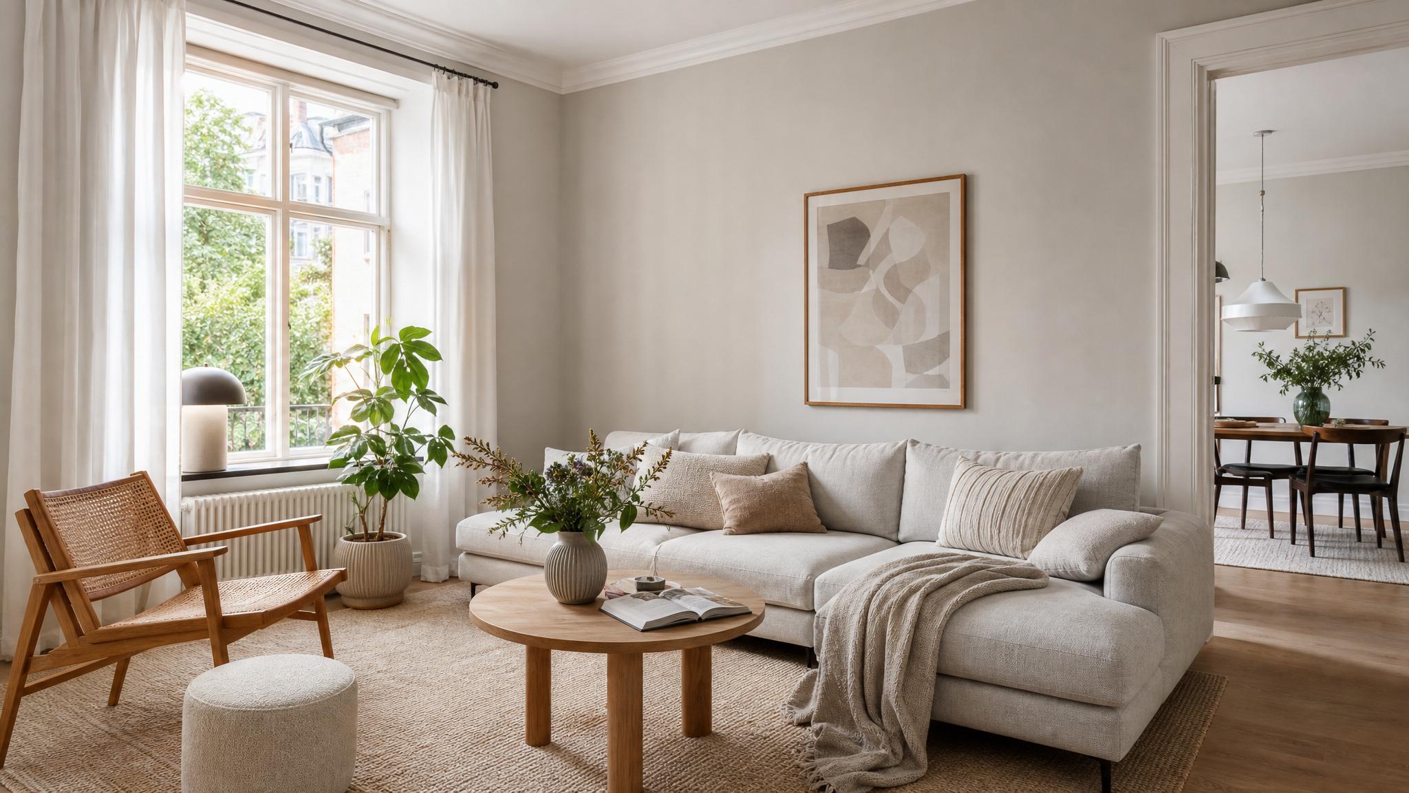 Nordic living room with minimalist furniture and cozy textiles.