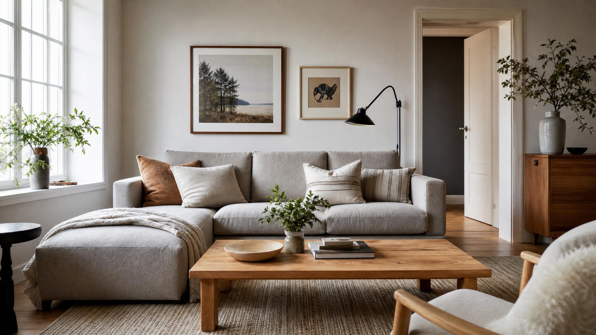 Cozy Nordic style sofa with natural wooden coffee table.