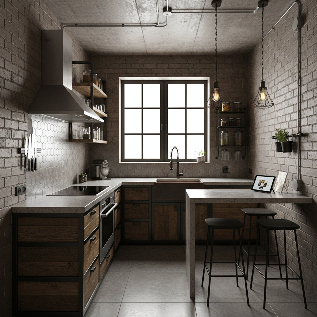 Image of an industrial small kitchen showcasing raw materials and smart space utilization.