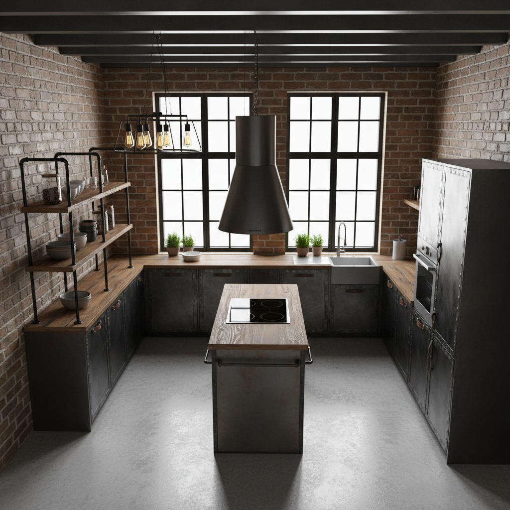 Image of a small kitchen layout plan focusing on industrial style.