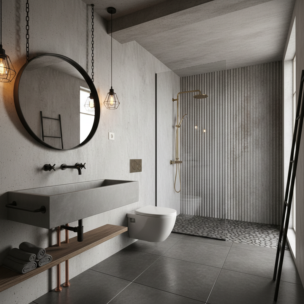 Image of an industrial bathroom showcasing metal fixtures and raw materials.