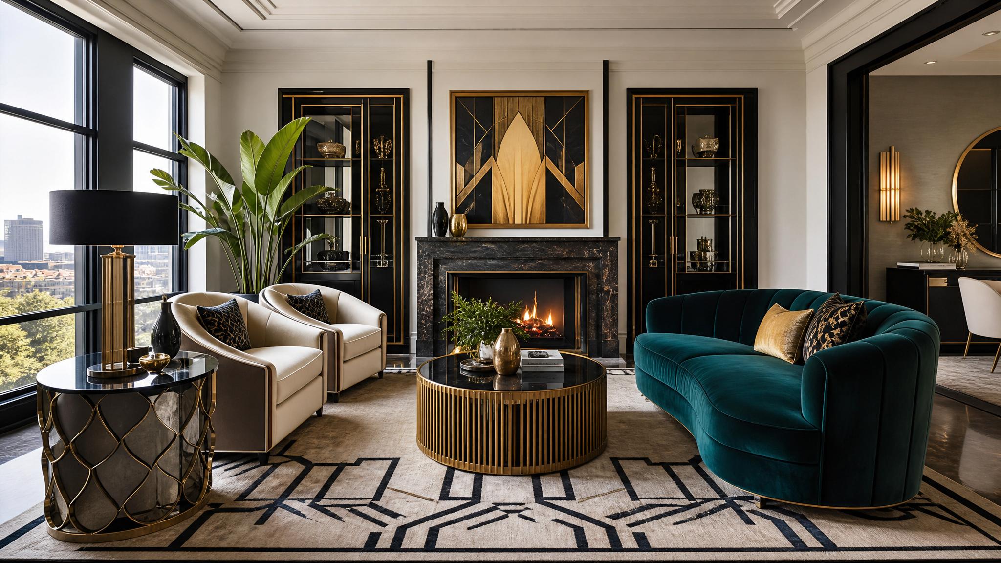 A beautifully staged Art Deco living room showcasing bold geometric shapes and luxurious materials.