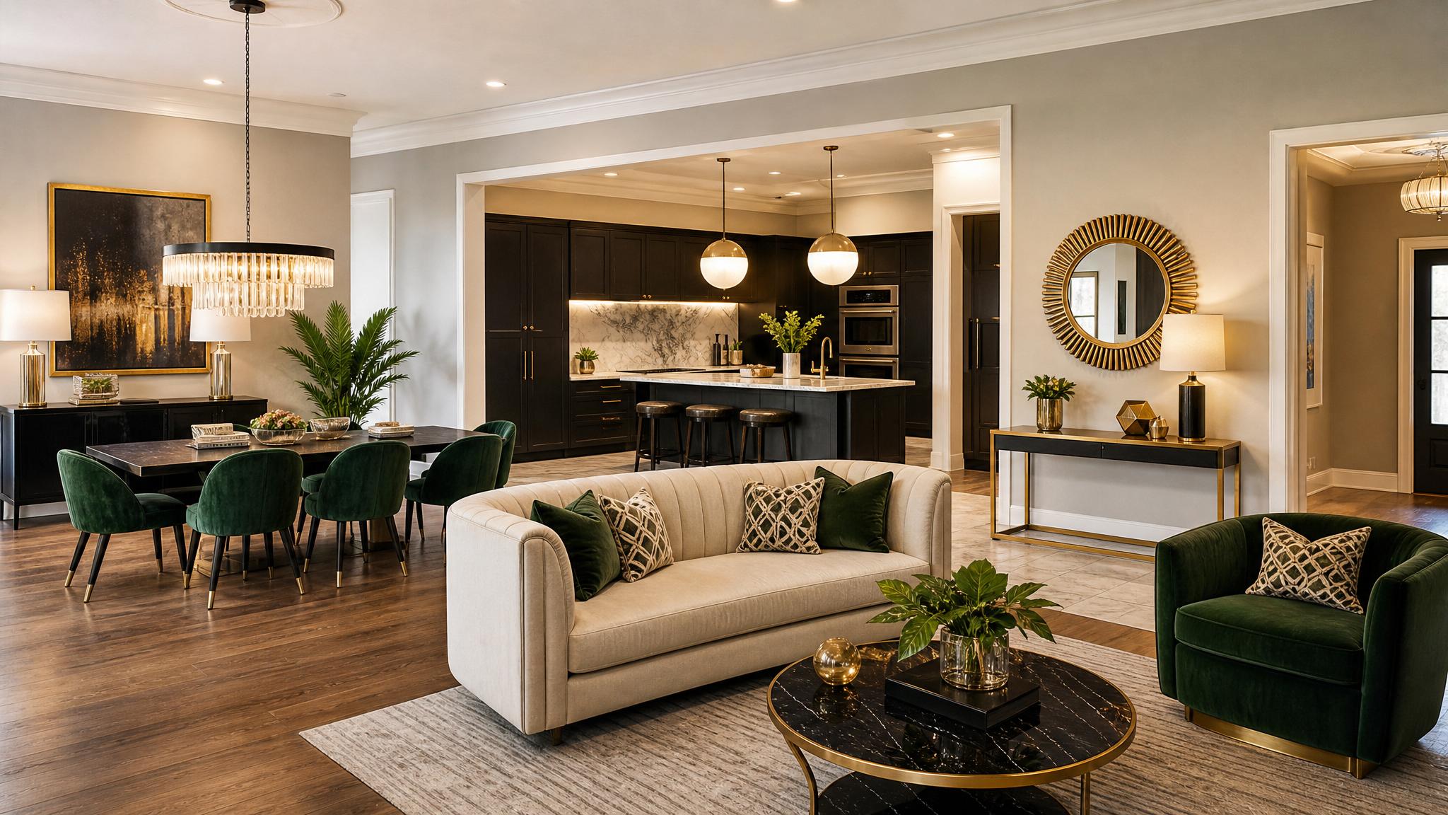 An example of a functional open-plan layout with distinct zones using Art Deco furniture and decor.