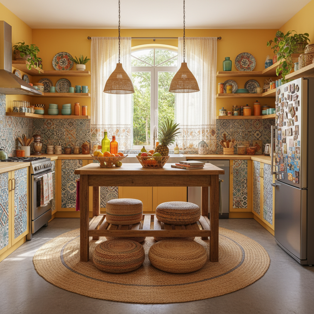 Brightly colored bohemian kitchen with eclectic decor