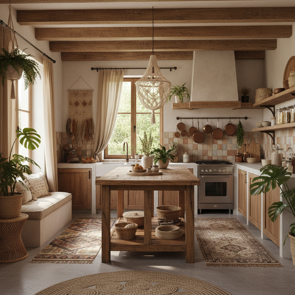Natural materials and textiles in a bohemian kitchen setting
