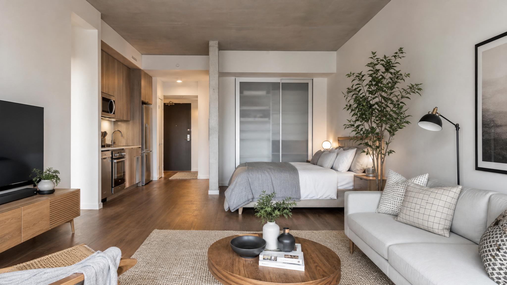 Contemporary living room design in a studio apartment