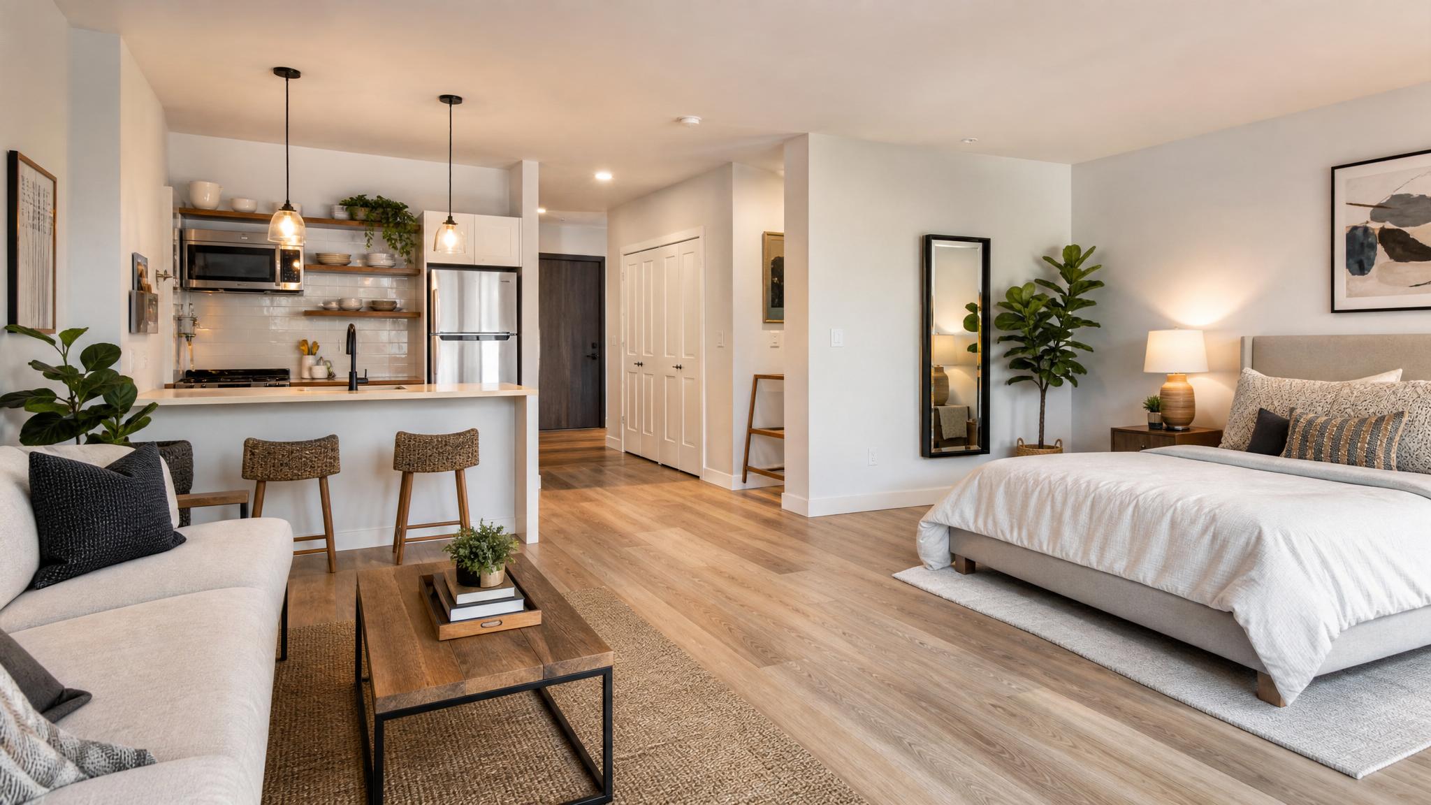 Open floor plan layout for a studio apartment