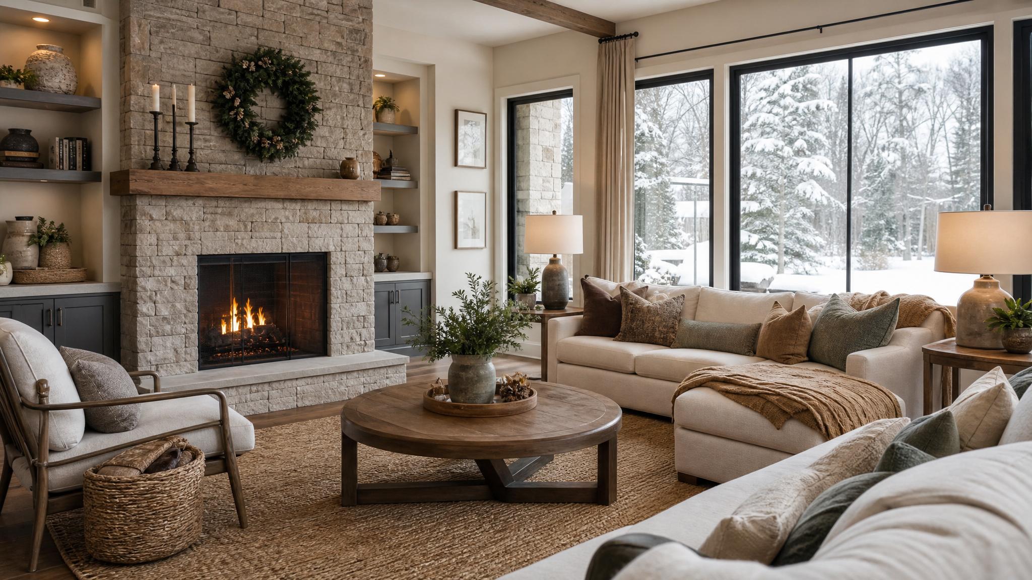 A warm and inviting transitional living room with winter decor.