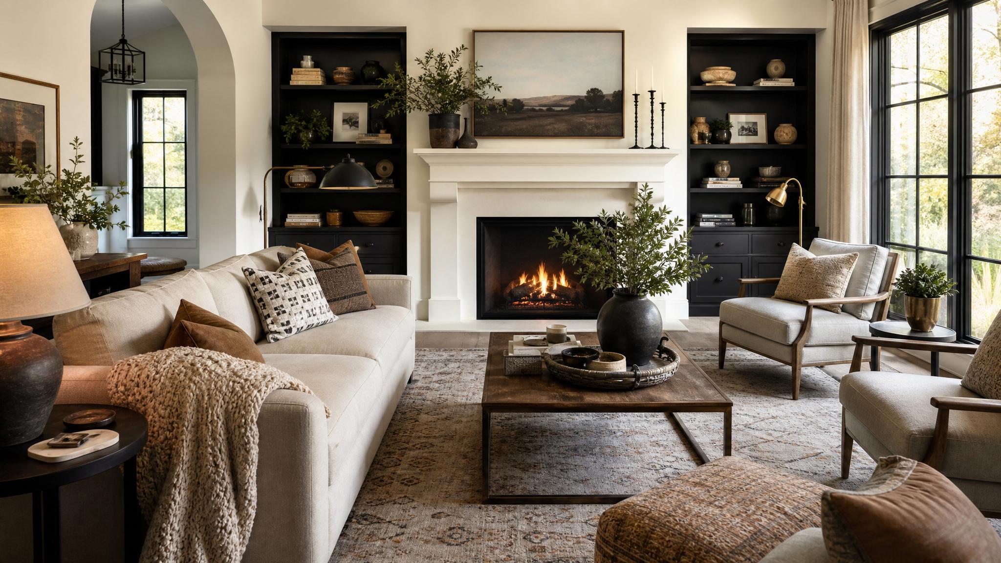 A cozy transitional living room featuring layered textiles.