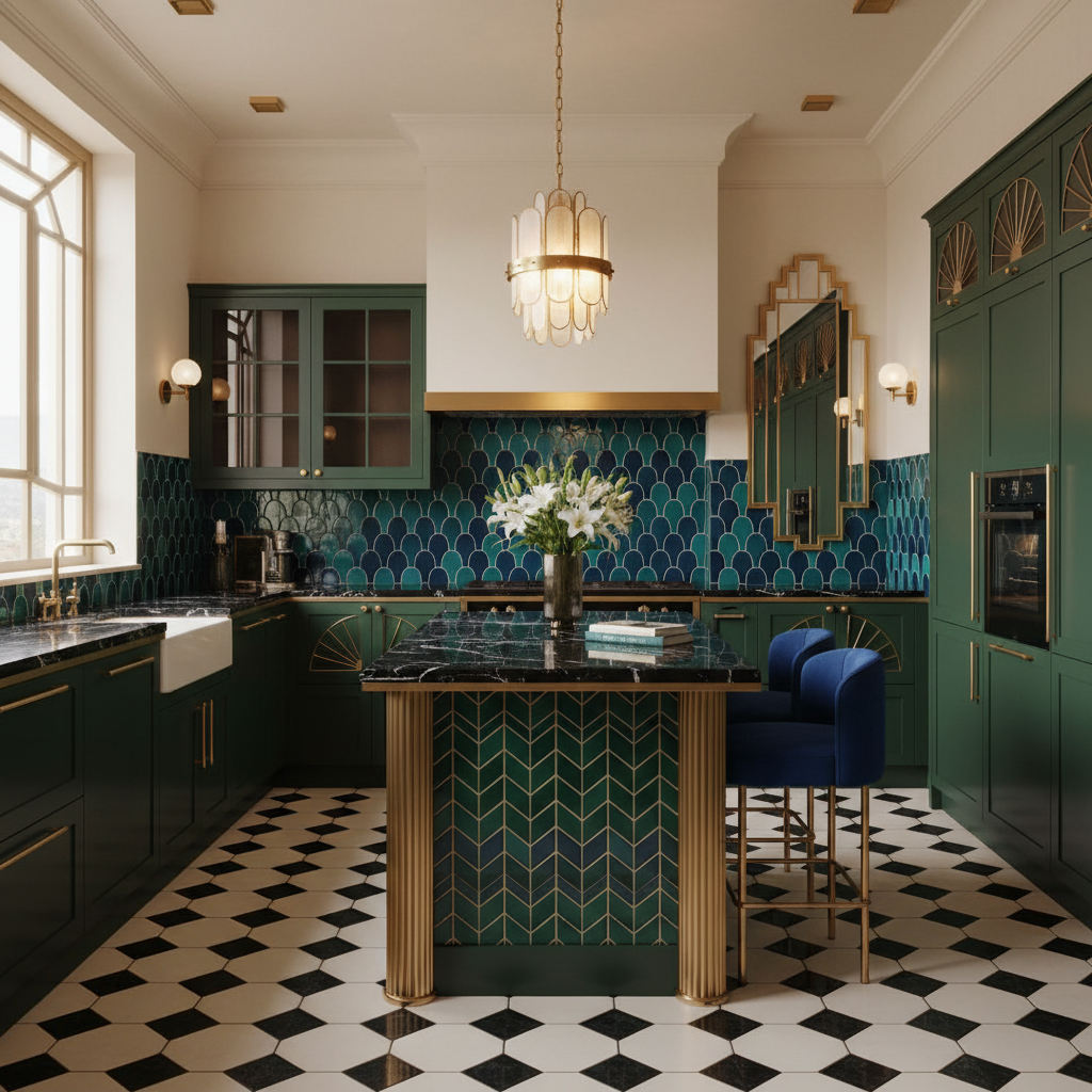 Show an elegant art deco kitchen with bold colors and geometric patterns.