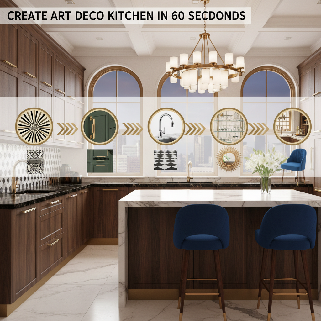 Display a process diagram illustrating how to create an art deco kitchen in 60 seconds.