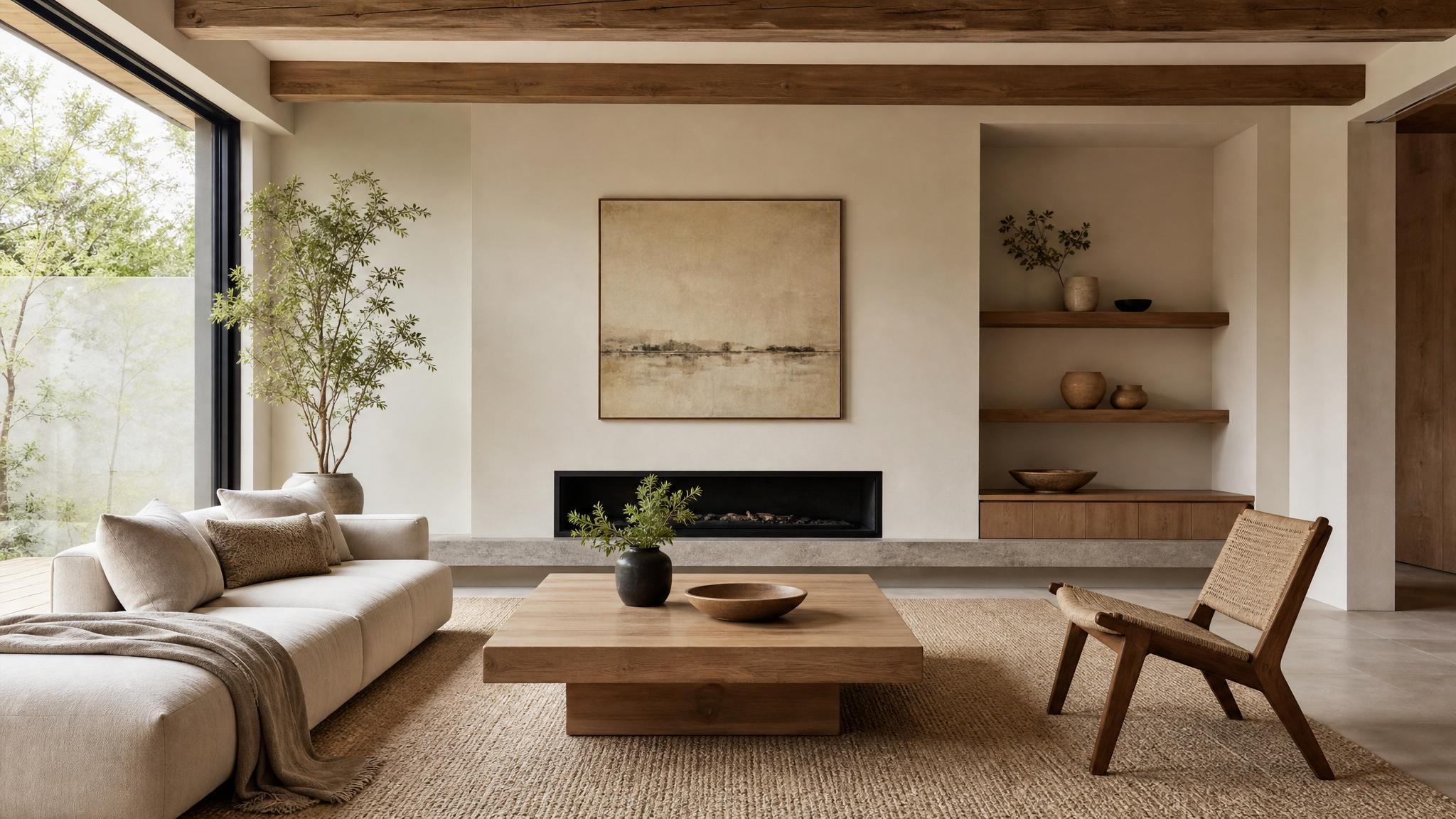 Image of a serene Japandi style living room with minimalist furniture.