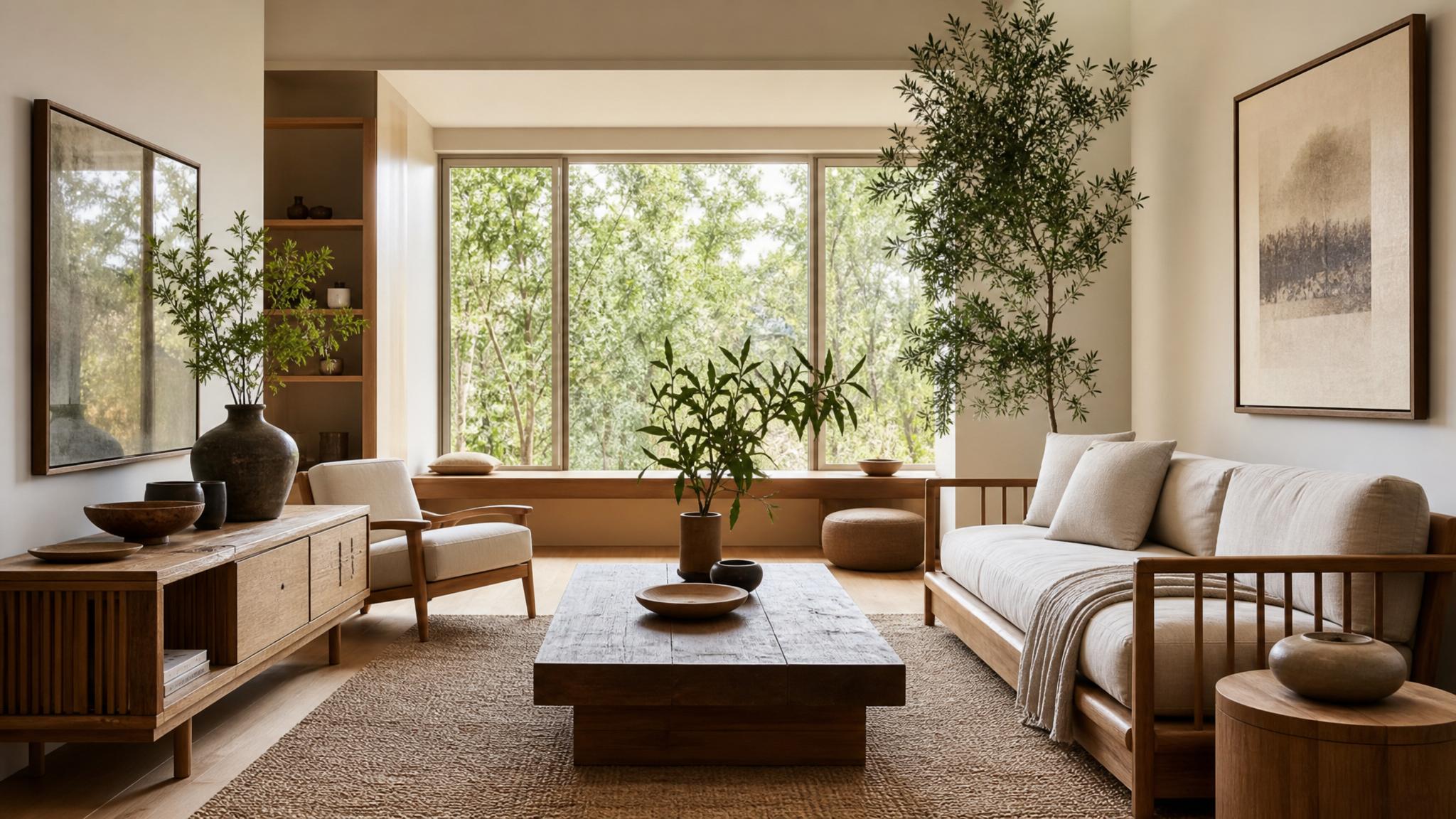 Image featuring natural wooden furniture and plants in a Japandi living room.