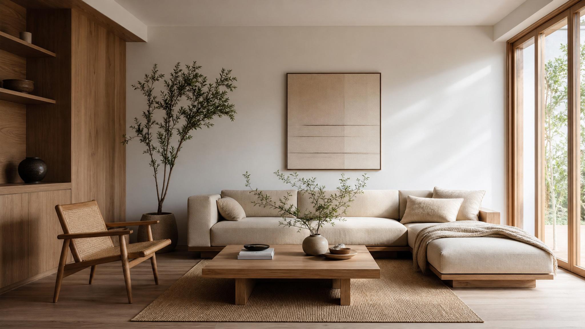 Image showcasing minimalist decor in a Japandi-themed living room.